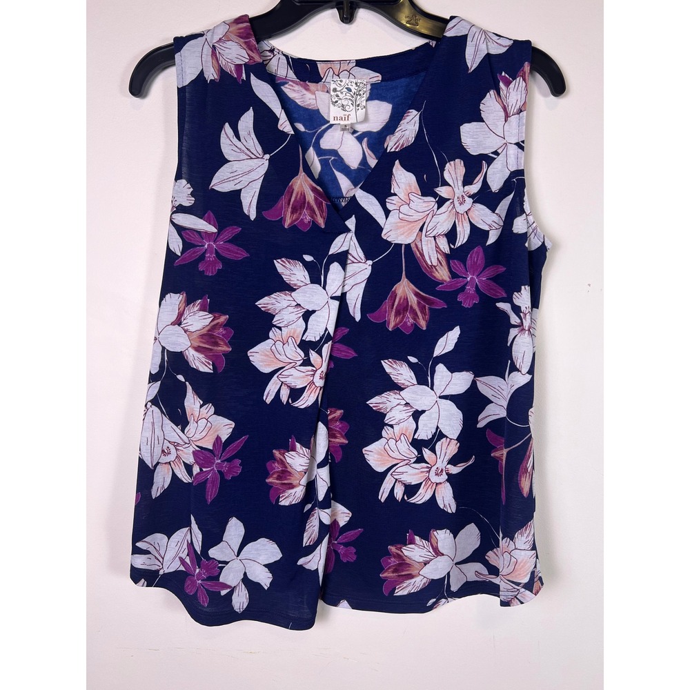 Naif Womens Blue Floral‎ V Neck Sleeveless Top Blouse Size S